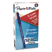 Paper Mate Eraser Mate Ballpoint Pen, Stick, Medium 1 mm, Blue Ink, Blue Barrel, Dozen (3910158)