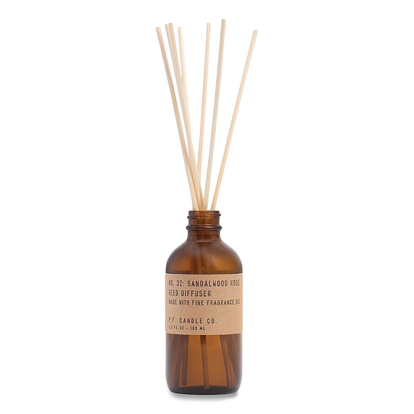 P.F. Candle Co. Reed Diffuser, Sandalwood Rose, 3.5 oz, 4.25" Bottle, 9" Reeds, Amber (RD32)