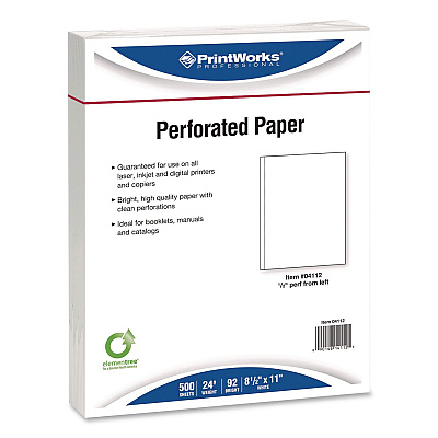 Printworks Perforated Paper, 92 Bright, Perforated 0.5" from Left, 24 lb Bond Weight, 8.5 x 11, White, 500 Sheets/Ream, 5 Reams/Carton (04112P)