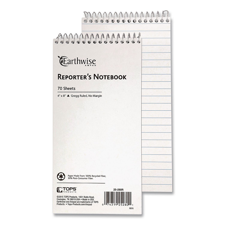 Earthwise by Ampad Recycled Reporter's Notepad, White Cover, Gregg Rule, (70) White 4 x 8 Sheets, Dozen (25280DZ)