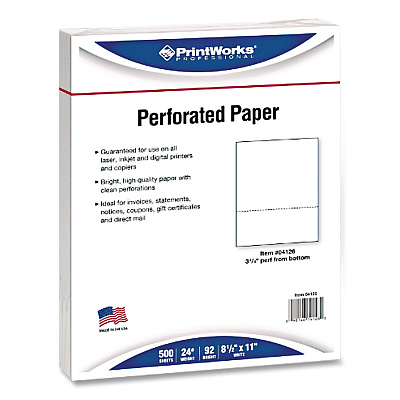 Printworks Perforated Paper, 92 Bright, Perforated 3.67 from Bottom, 24 lb Bond Weight, 8.5 x 11, White, 500 Sheets/Ream, 5 Reams/Carton (04126)
