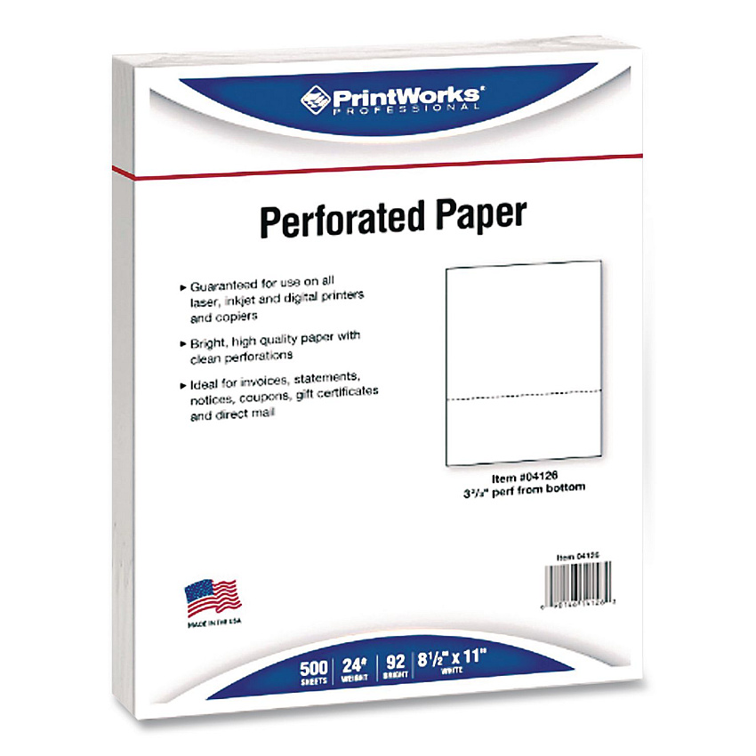 Printworks Perforated Paper, 92 Bright, Perforated 3.67 from Bottom, 24 lb Bond Weight, 8.5 x 11, White, 500 Sheets/Ream, 5 Reams/Carton (04126)