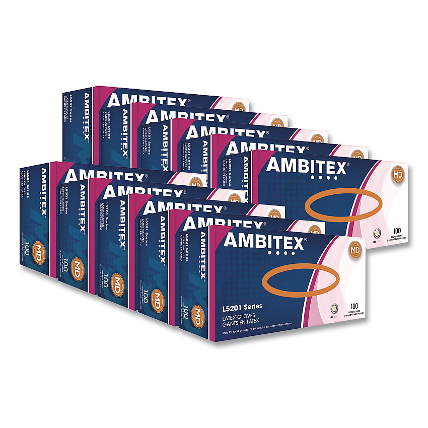 AMBITEX L5201 Series Powder-Free Latex Gloves, Medium, 4 mil Thick, 9" Long, Cream, 100/Box, 10 Boxes/Carton (LMD5201CT)