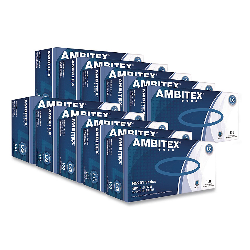 AMBITEX N5201 Series Powder-Free Nitrile Gloves, Large, 9" Long, Blue, 100/Box, 10 Boxes/Carton (NLG5201)