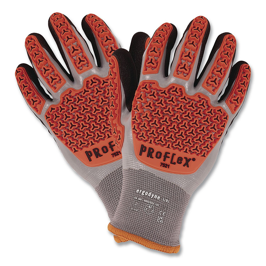 ergodyne ProFlex 7521 Thermal Coated Impact-Resistant Gloves, EN388:2131X, 7.5" Long, 3X-Large (12), Gray/Black/Orange, Pair (17647)