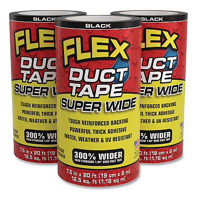 Flex Super Wide Duct Tape, 4" Core, 39 mil Thick, 7.5" x 20 ft, Black, 3/Carton (DTBLKR7520)