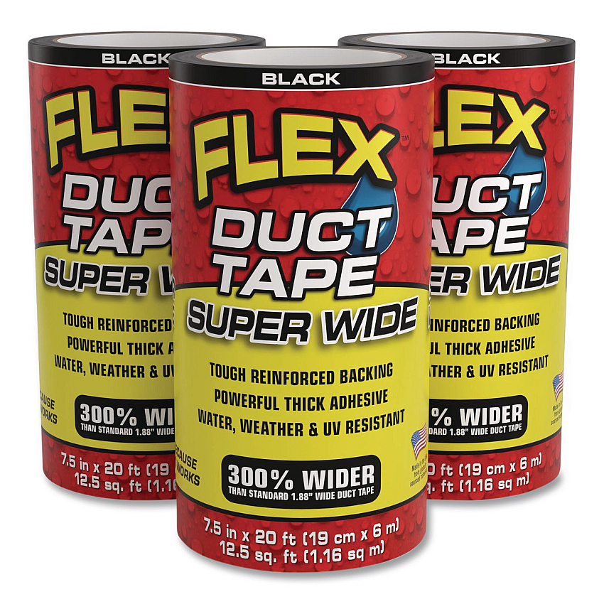 Flex Super Wide Duct Tape, 4" Core, 39 mil Thick, 7.5" x 20 ft, Black, 3/Carton (DTBLKR7520)