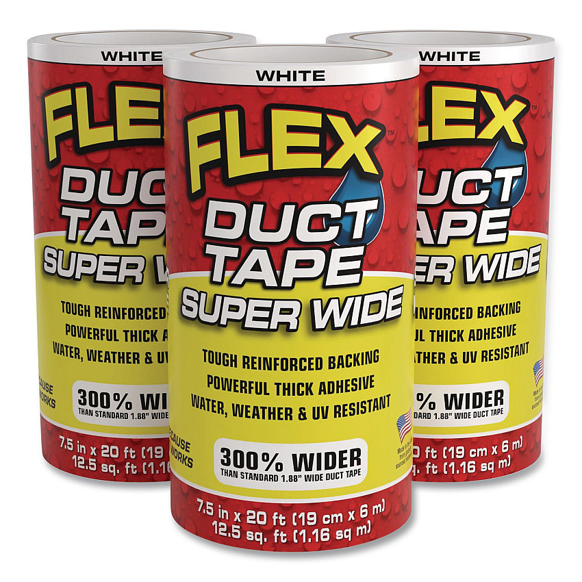 Flex Super Wide Duct Tape, 4" Core, 39 mil Thick, 7.5" x 20 ft, White, 3/Carton (DTWHTR7520)