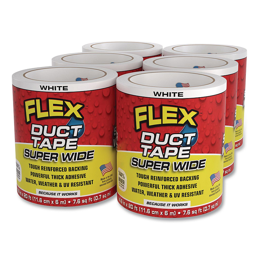 Flex Super Wide Duct Tape, 4" Core, 39 mil Thick, 4.6" x 20 ft, White, 6/Carton (DTWHTR4620)