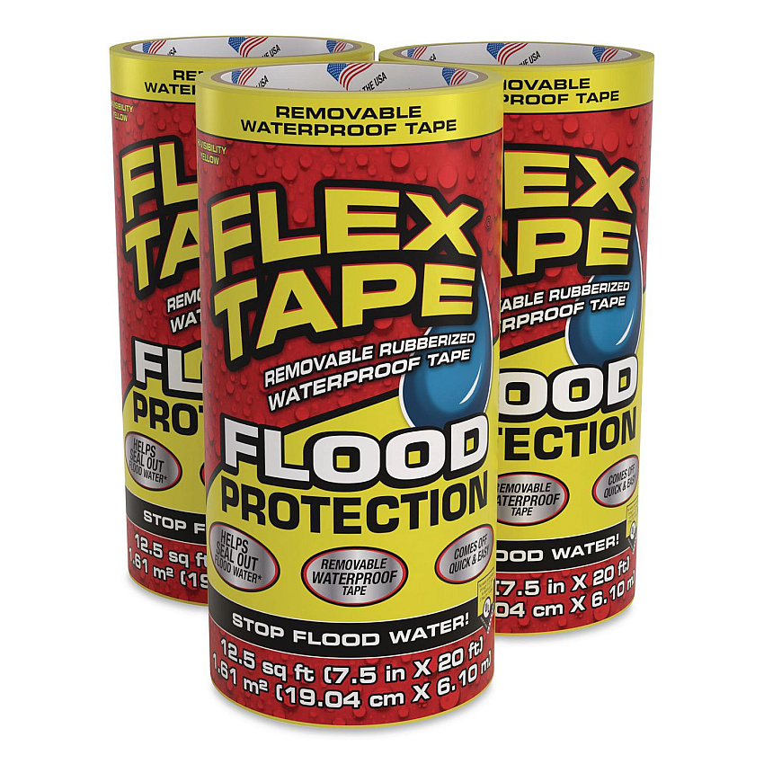 Flex Tape Removable Rubberized Waterproof Flood Protection Tape, 7.5" x 20 ft, Yellow, 3/Carton (RTSYELR0820)