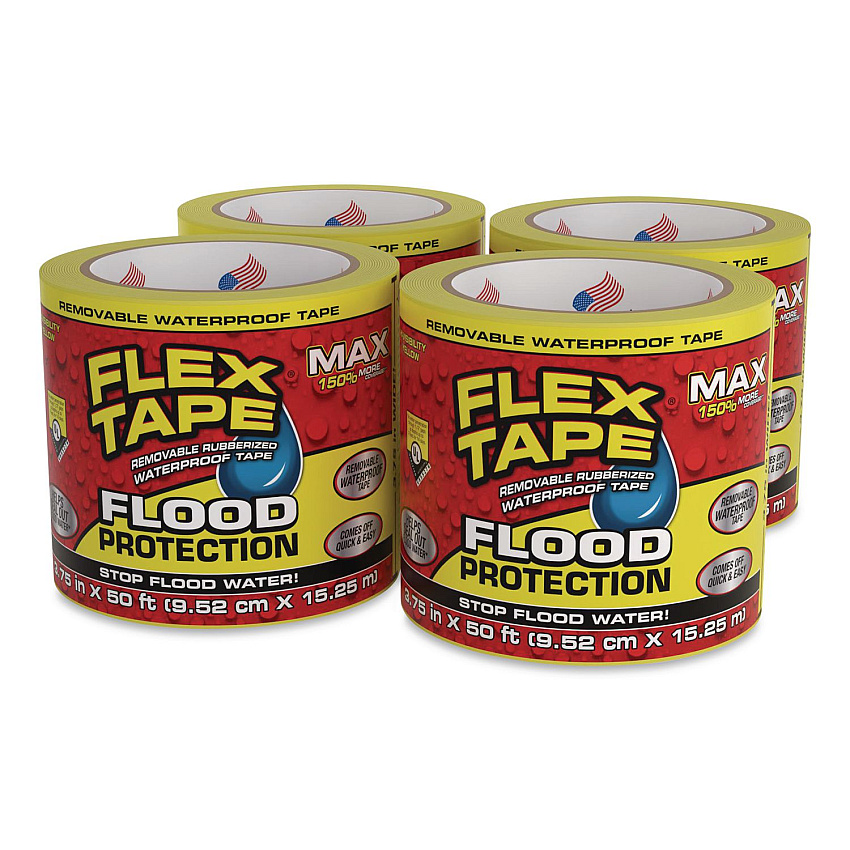 Flex Tape Removable Rubberized Waterproof Flood Protection Tape, 3.75" x 50 ft, Yellow, 4/Carton (RTSYELR0450)