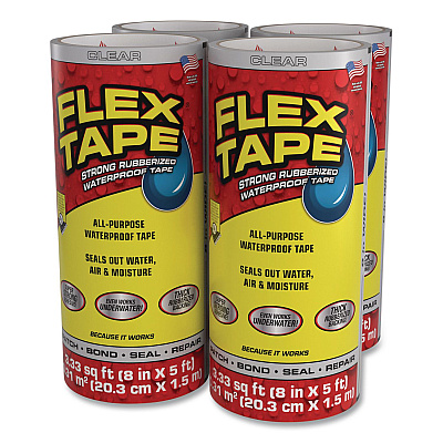 Flex Tape Strong Rubberized Waterproof Tape, 4" Core, 39 mil Thick, 8" x 5 ft, Clear, 4/Carton (TFSCLRR0805)
