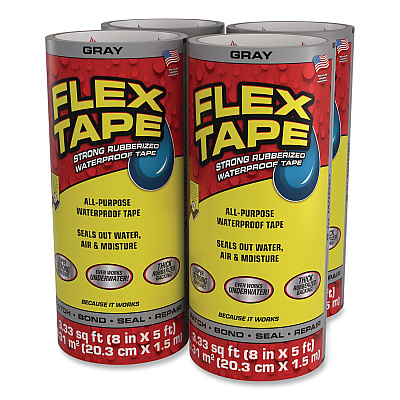 Flex Tape Strong Rubberized Waterproof Tape, 4" Core, 39 mil Thick, 8" x 5 ft, Gray, 4/Carton (TFSGRYR0805)