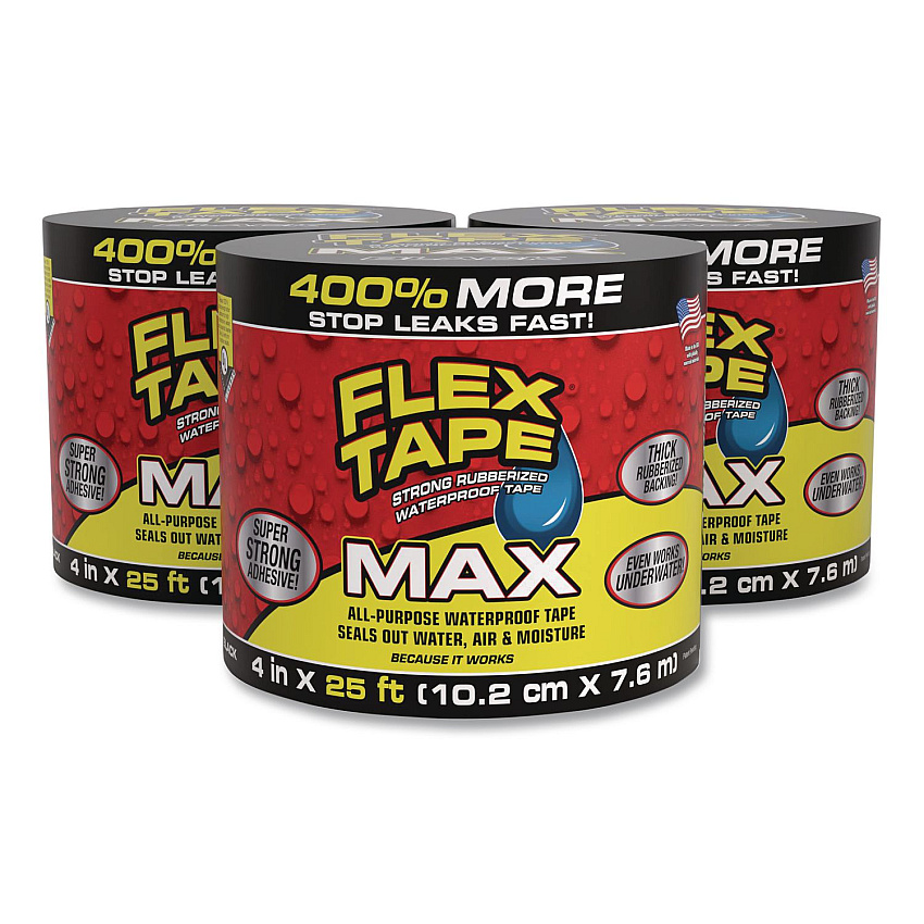 MAX Strong Rubberized Waterproof Tape, 4" Core, 39 mils Thick, 4" x 25 ft, Black, 3/Carton (TFSMAXBLK04)