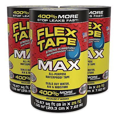 MAX Strong Rubberized Waterproof Tape, 4" Core, 39 mils Thick, 8" x 25 ft, Black, 3/Carton (TFSMAXBLK08)