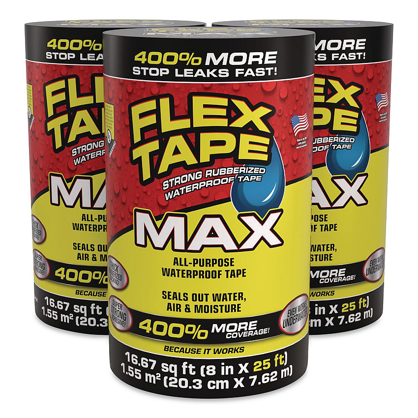 MAX Strong Rubberized Waterproof Tape, 4" Core, 39 mils Thick, 8" x 25 ft, Black, 3/Carton (TFSMAXBLK08)
