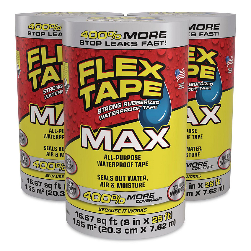 MAX Strong Rubberized Waterproof Tape, 4" Core, 39 mils Thick, 8" x 25 ft, Clear, 3/Carton (TFSMAXCLR08)