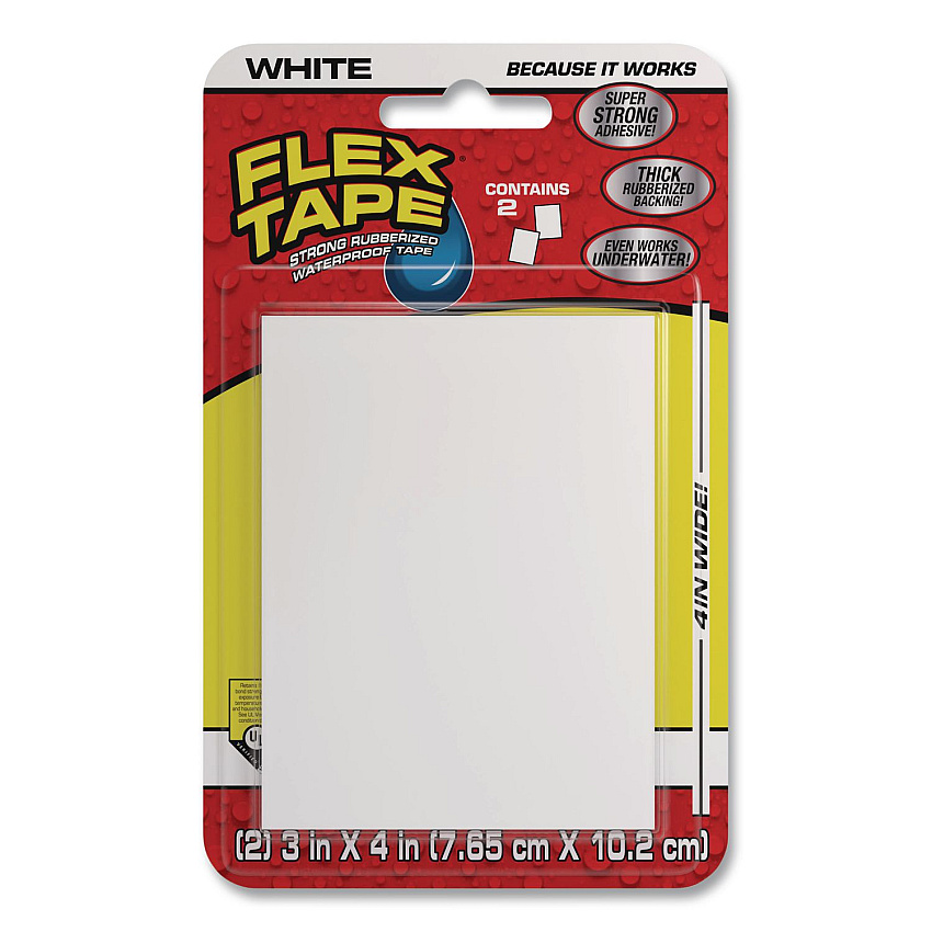 Flex Tape Strong Rubberized Waterproof Tape, 39 mils Thick, 4" x 3", White, 2 Patches/Pack, 24/Carton (TFSWHTMINI)
