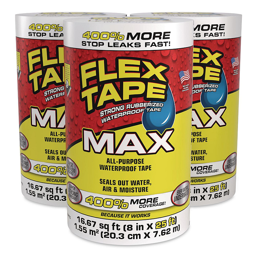 MAX Strong Rubberized Waterproof Tape, 4" Core, 39 mils Thick, 8" x 25 ft, White, 3/Carton (TFSMAXWHT08)