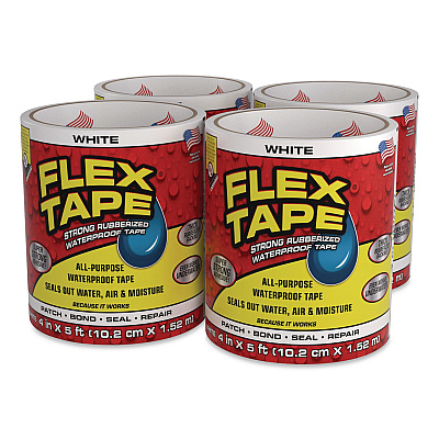 Flex Tape Strong Rubberized Waterproof Tape, 4" Core, 39 mil Thick, 4" x 5 ft, White, 4/Carton (TFSWHTR0405)
