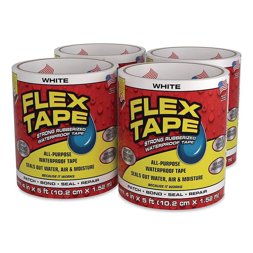 Flex Tape Strong Rubberized Waterproof Tape, 4" Core, 39 mil Thick, 4" x 5 ft, White, 4/Carton (TFSWHTR0405)