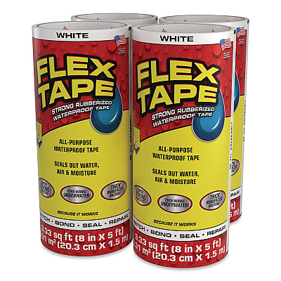Flex Tape Strong Rubberized Waterproof Tape, 4" Core, 39 mil Thick, 8" x 5 ft, White, 4/Carton (TFSWHTR0805)