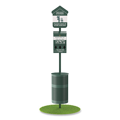 Pet Waste Station Kit with Roll Bag Locking Dispenser, 11.5 Gallon Round Lidded Trash Can, Pole, and Glow-in-the-Dark Sign (FLO1RSG)