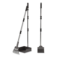 Dog Pooper Scooper Set with Heavy-Duty Metal Tray, Rake and Spade, 37.8" Length Black/Silver (FLO3)