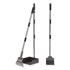 Dog Pooper Scooper Set with Heavy-Duty Metal Tray, Rake and Spade, 37.8" Length Black/Silver (FLO3)