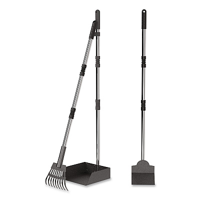 Dog Pooper Scooper Set with Heavy-Duty Metal Tray, Rake and Spade, 37.8" Length Black/Silver (FLO3)