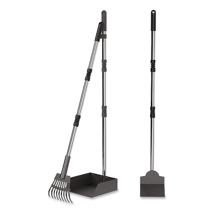Dog Pooper Scooper Set with Heavy-Duty Metal Tray, Rake and Spade, 37.8" Length Black/Silver (FLO3)