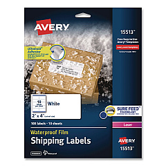 Avery Waterproof Film Address Labels with Sure Feed Technology, Laser Printers, 2 x 4, White, 10 Labels/Sheet, 10 Sheets/Pack (15513EA)