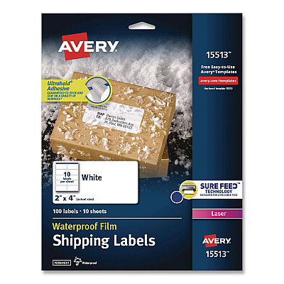 Avery Waterproof Film Address Labels with Sure Feed Technology, Laser Printers, 2 x 4, White, 10 Labels/Sheet, 10 Sheets/Pack (15513EA)