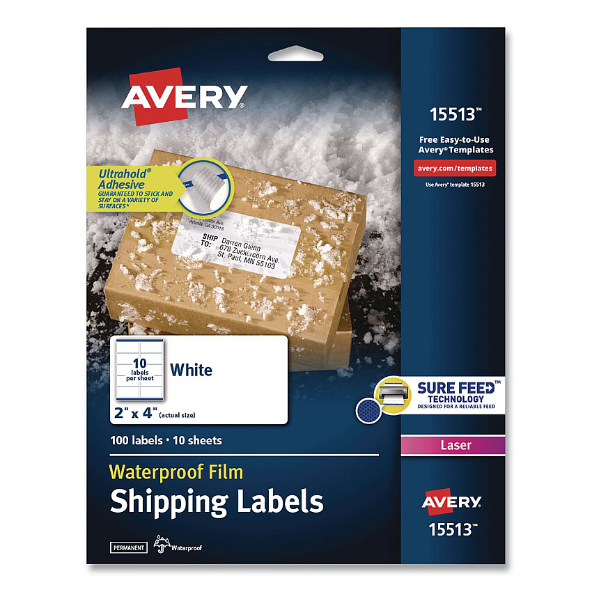 Avery Waterproof Film Address Labels with Sure Feed Technology, Laser Printers, 2 x 4, White, 10 Labels/Sheet, 10 Sheets/Pack (15513EA)