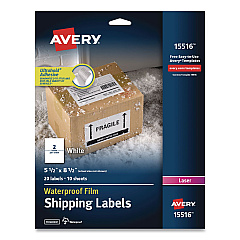Avery Waterproof Film Address Labels with Sure Feed Technology, Laser Printers, 5.5 x 8.5, White, 2 Labels/Sheet, 10 Sheets/Pack (15516EA)