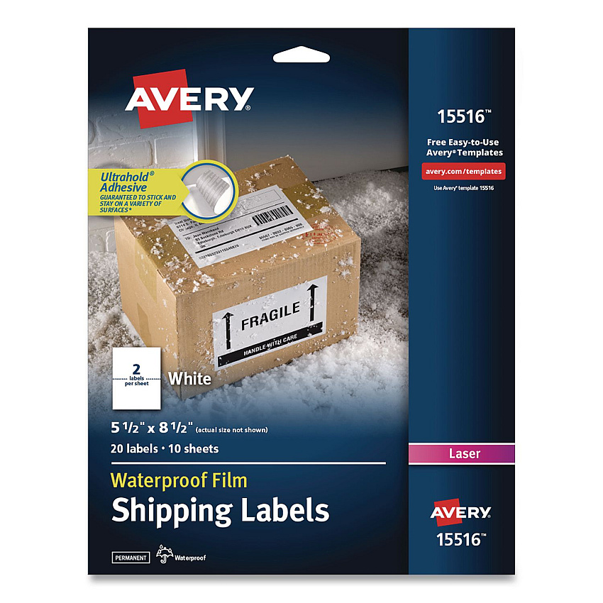 Avery Waterproof Film Address Labels with Sure Feed Technology, Laser Printers, 5.5 x 8.5, White, 2 Labels/Sheet, 10 Sheets/Pack (15516EA)