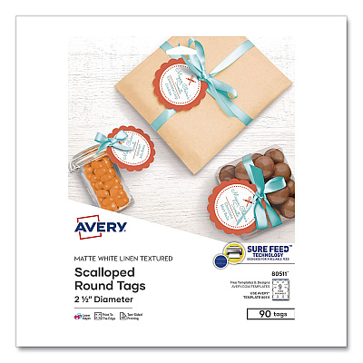 Avery Printable Scallop Round Gift Tags, Inkjet/Laser Printers, 2.5" dia, White, 9/Sheet, 10 Sheets/Pack (80511)