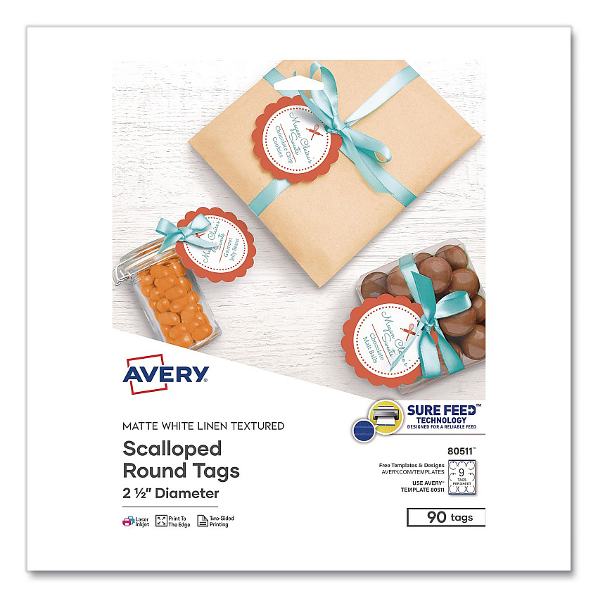 Avery Printable Scallop Round Gift Tags, Inkjet/Laser Printers, 2.5" dia, White, 9/Sheet, 10 Sheets/Pack (80511)