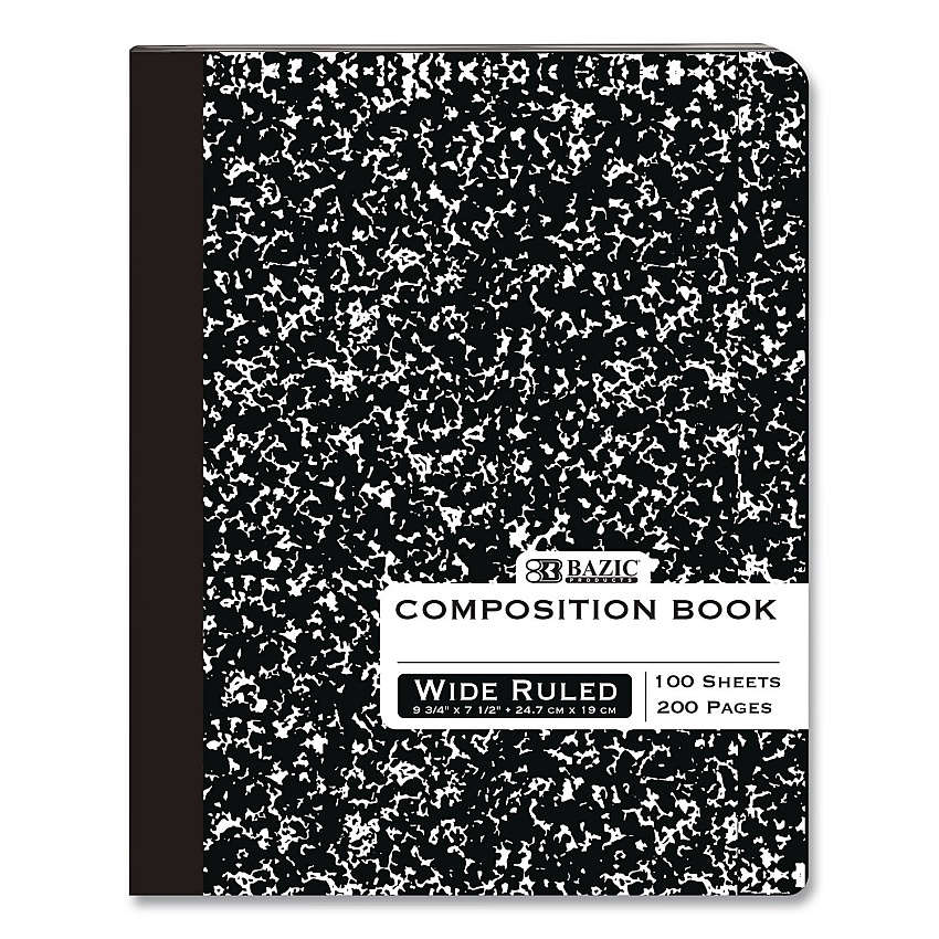 BAZIC Composition Books, 1 Subject, Wide/Legal Rule, Black Marble Cover, (100) 9.75 x 7.5 Sheets (508)
