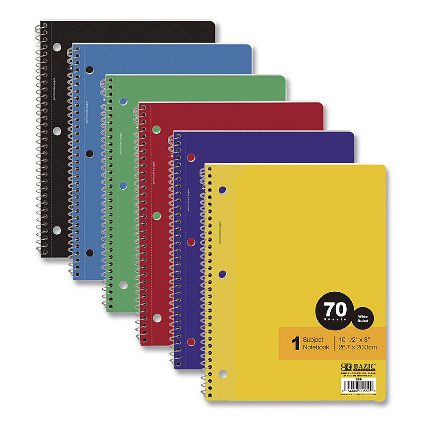 BAZIC Spiral Notebooks, 1-Subject, Wide Rule, Assorted Color Covers, (70) 10.5 x 8 Sheets,  24/Carton (559)