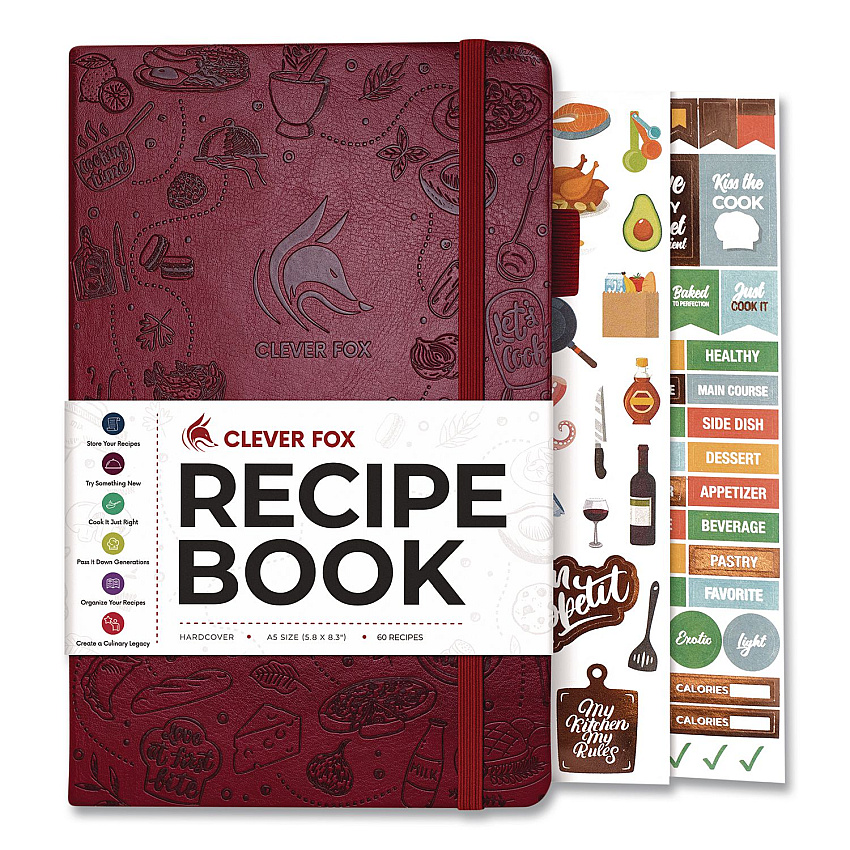 Recipe Book, Customizable Space for 60 Recipes, Engraved Food and Kitchen Artwork, Burgundy Cover, 8.3 x 5.8 Sheets (TF8NP4O50F)