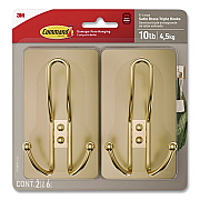 Command Decorative X-Large Triple Hooks, Plastic, Satin Brass, Supports 10 lb, 2/Pack (17038BR2ES)
