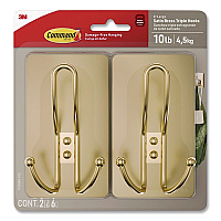 Command Decorative X-Large Triple Hooks, Plastic, Satin Brass, Supports 10 lb, 2/Pack (17038BR2ES)