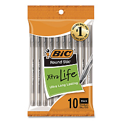 BIC Round Stic Xtra Life Ballpoint Pen, Stick, Medium 1 mm, Black Ink, Translucent Black Barrel, 10/Pack (20123)