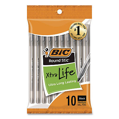 BIC Round Stic Xtra Life Ballpoint Pen, Stick, Medium 1 mm, Black Ink, Translucent Black Barrel, 10/Pack (20123)
