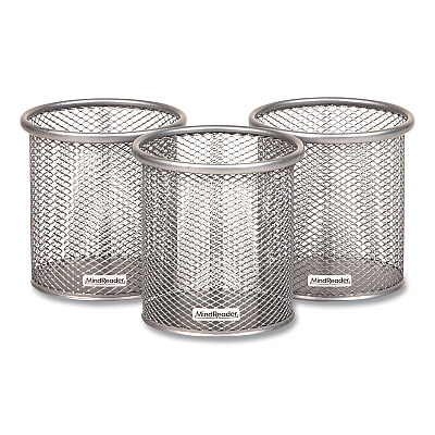 Mind Reader Metal Pen Holder, 3.5" x 3.5" x 3.75", Silver, 3 Pieces/Set (CLIPMESH3SIL)