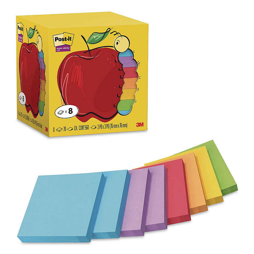 Post-it Notes Super Sticky Super Sticky Notes, 3" x 3", Assorted Bright Colors, 70 Sheets/Pad, 8 Pads/Pack (6548SSAP)