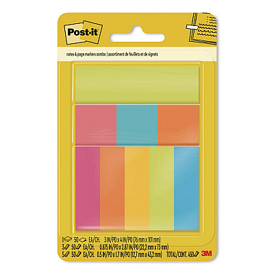 Post-it Notes Combo Pack with Pagemarkers, (1) 3" x 4", (3) 0.88" x 2.87", (5) 0.5" x 1.7", Randomly Assorted Bright Colors, 50 Sheets/Pad (670COMBO)