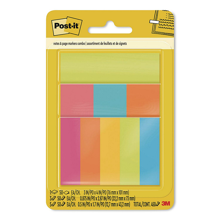 Post-it Notes Combo Pack with Pagemarkers, (1) 3" x 4", (3) 0.88" x 2.87", (5) 0.5" x 1.7", Randomly Assorted Bright Colors, 50 Sheets/Pad (670COMBO)