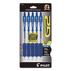 Pilot G2 Edge Premium Gel Pen, Retractable, Ultra Fine 0.38 mm, Blue Ink, Clear/Blue Barrel, 5/Pack (18203)